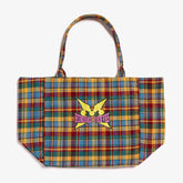 Front of 100T x MomoToys Plaid Tote Bag