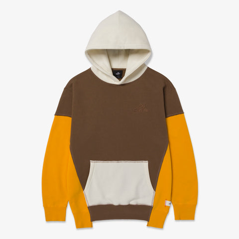 Front of Upcycle Hoodie - Brn/Ylw/Crm