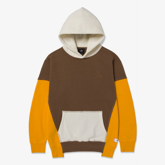 Front of Upcycle Hoodie - Brn/Ylw/Crm