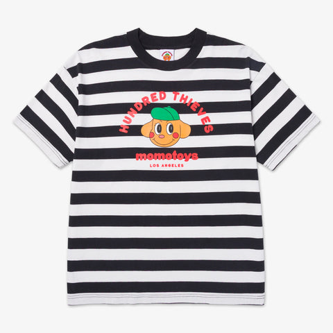 Front of 100T x MomoToys - Where’s Momo Stripe T-Shirt