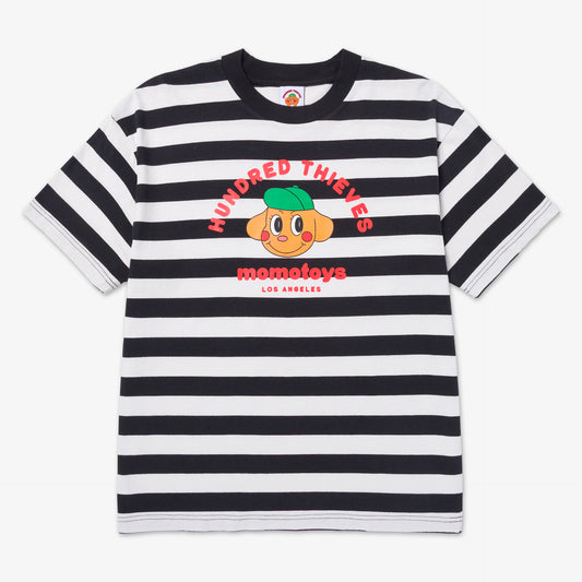 Front of 100T x MomoToys - Where’s Momo Stripe T-Shirt