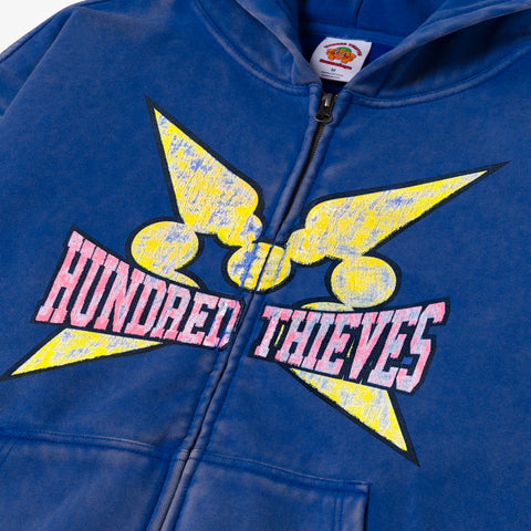 Distress detail on 100T x MomoToys Zip-Up Hoodie - Dusty Blue