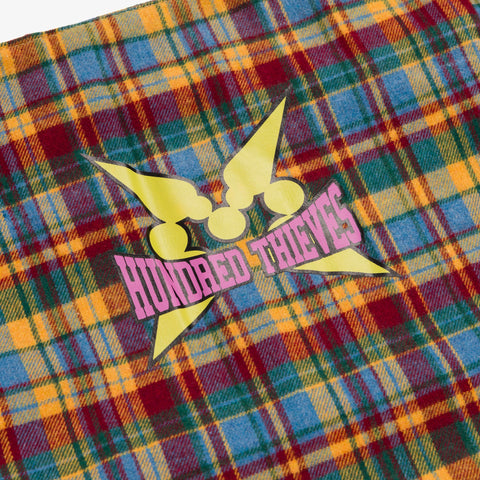 Front graphic on 100T x MomoToys Plaid Tote Bag