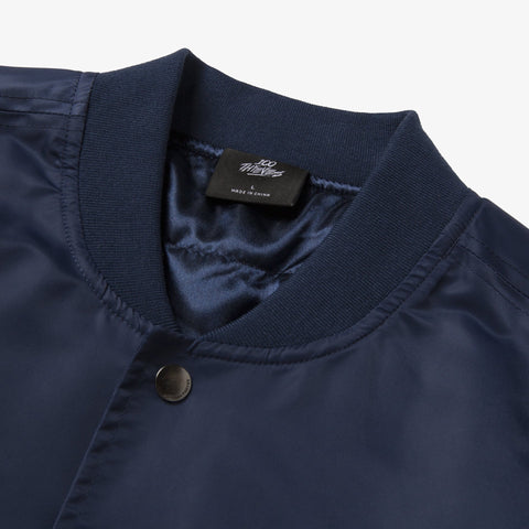 Collar detail on Foundations FW'23 Bomber Jacket - Navy