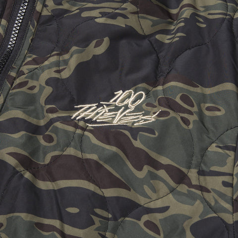 100 Thieves logo on camo side of Reversible Sherpa Jacket - Tiger Camo