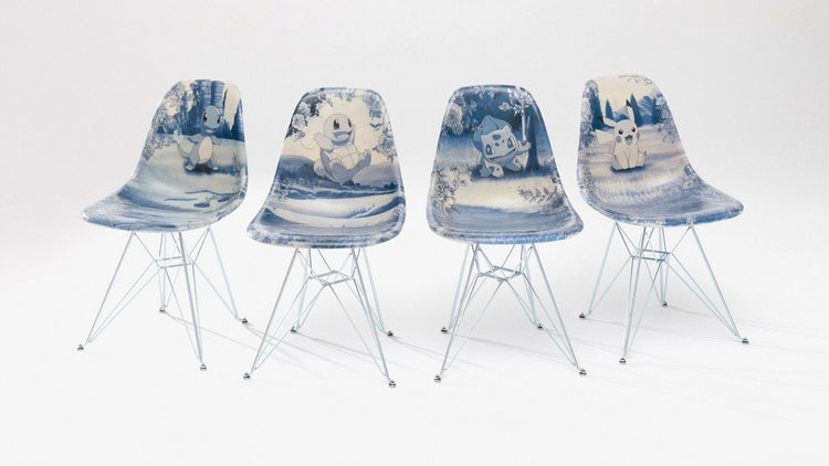 Pokémon + 100 Thieves by Modernica Case Study Shell Chairs: Charmander, Squirtle, Bulbasaur, Pikachu left to right