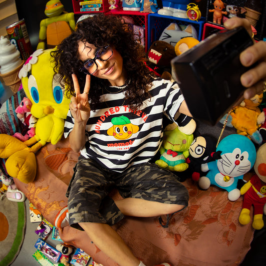 Model in 100T x MomoToys - Where’s Momo Stripe T-Shirt