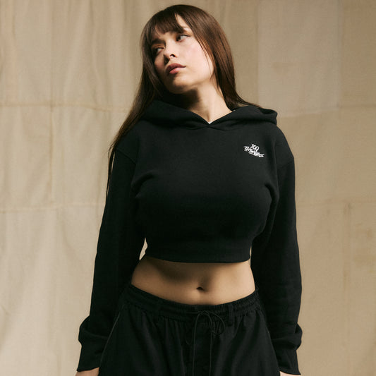 Model in Womens Cropped Hoodie - Black