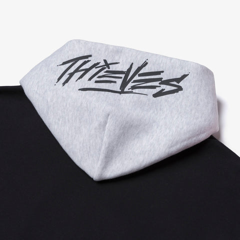 Thieves logo on hood of 2-Tone Hoodie - Black/Grey