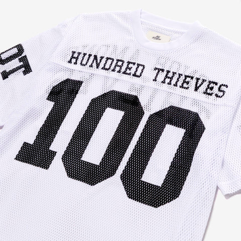 Hundred Thieves design on front of Box Crop Mesh Jersey