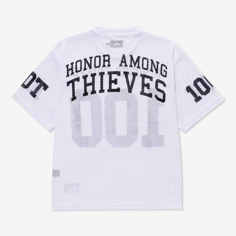 Honor Among Thieves on back of Box Crop Mesh Jersey