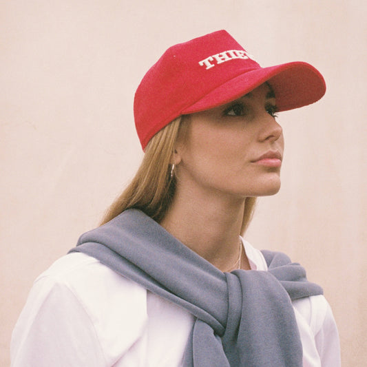 Model in Apex Corduroy Hat - Red