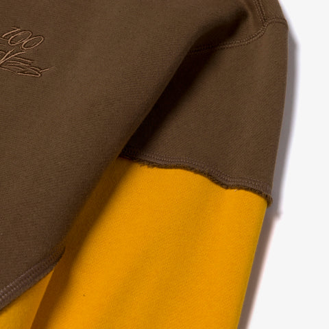 sleeve detail on Upcycle Hoodie - Brn/Ylw/Crm