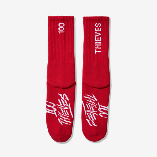 Foundations Crew Sock in Red- "100 Thieves" Labeled on Sock