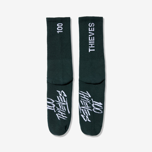 Foundations Crew Sock in Alpine Green - "100 Thieves" Labeled on Sock