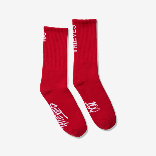 Foundations Crew Sock in Red- "100 Thieves" Labeled on Sock
