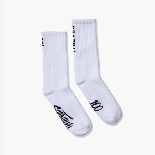 Foundations Crew Sock in White- "100 Thieves" Labeled on Sock