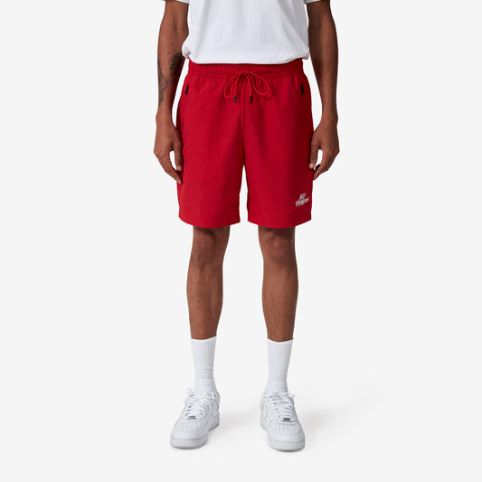 100 Thieves Foundations nylon short with extra wide elastic waistband and 100 Thieves metal aglet tipped drawstrings in color red