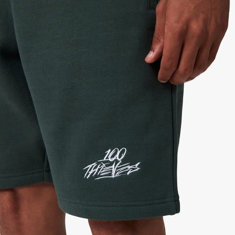 100 Thieves Logo embroidered on left side of 100 Thieves Foundation slim fit sweat short in alpine
