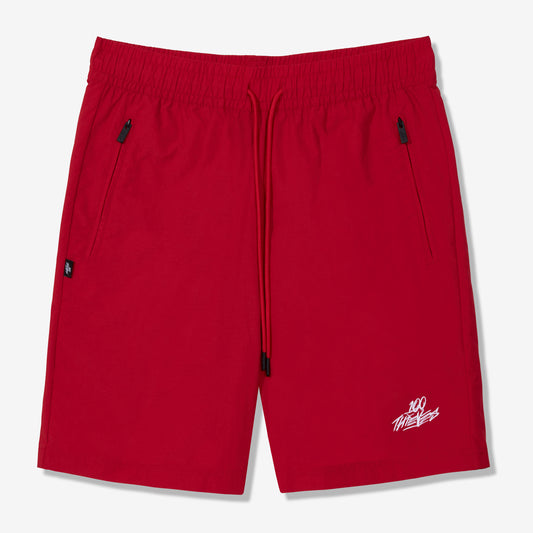100 Thieves Foundations nylon short with extra wide elastic waistband and 100 Thieves metal aglet tipped drawstrings in color red