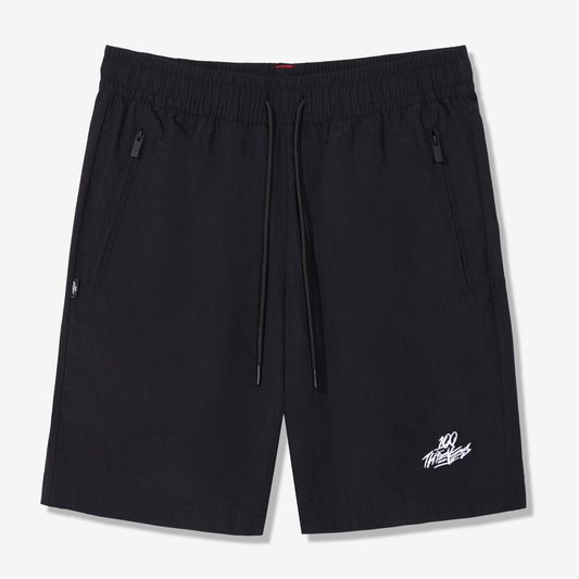 100 Thieves Foundations nylon short with extra wide elastic waistband and 100 Thieves metal aglet tipped drawstrings in color black.