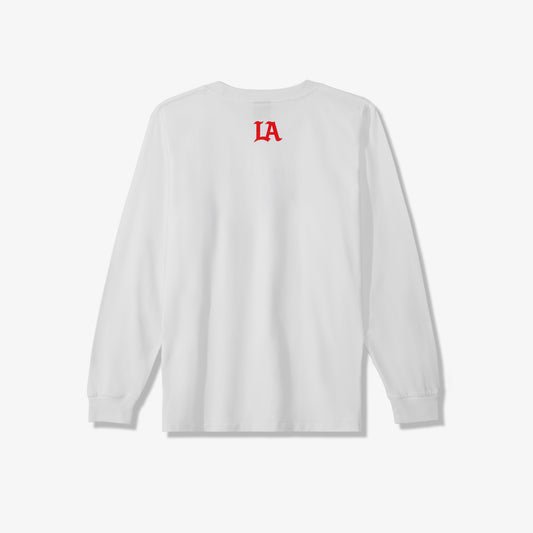 "LA" logo printed on the back of premium heavyweight cotton long sleeve t-shirt