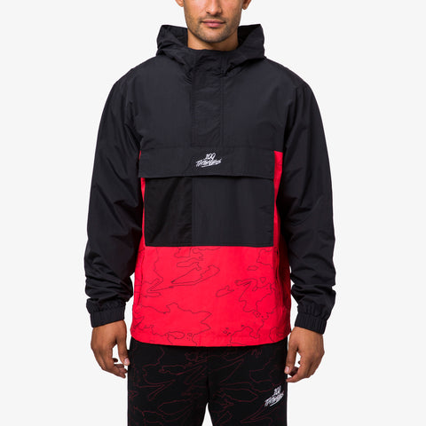 Foundations Geoprint Anorak in Black/Red on male model