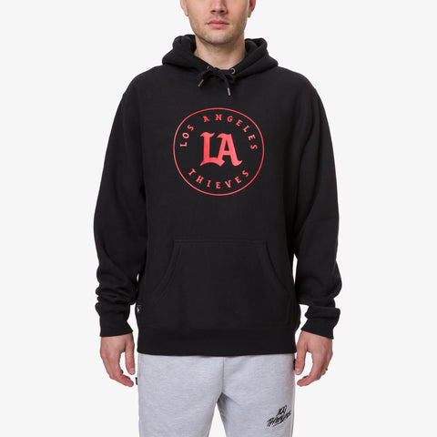 classic heavyweight fleece hoodie with LA Thieves logo on front. On male model